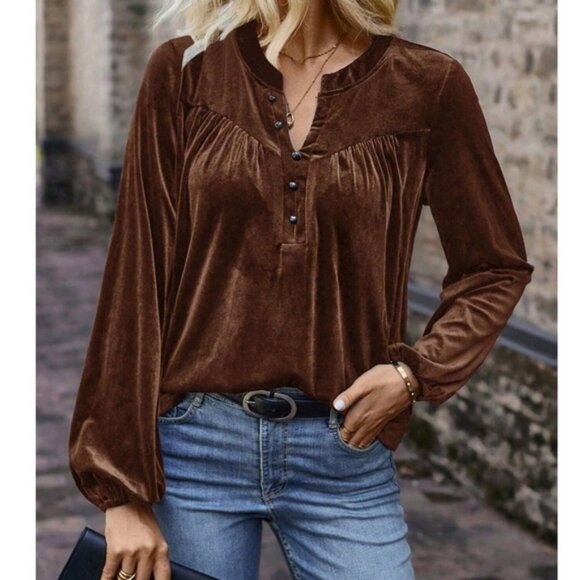 Classic Velvet Button Long Sleeve Top - Picture 1 of 5